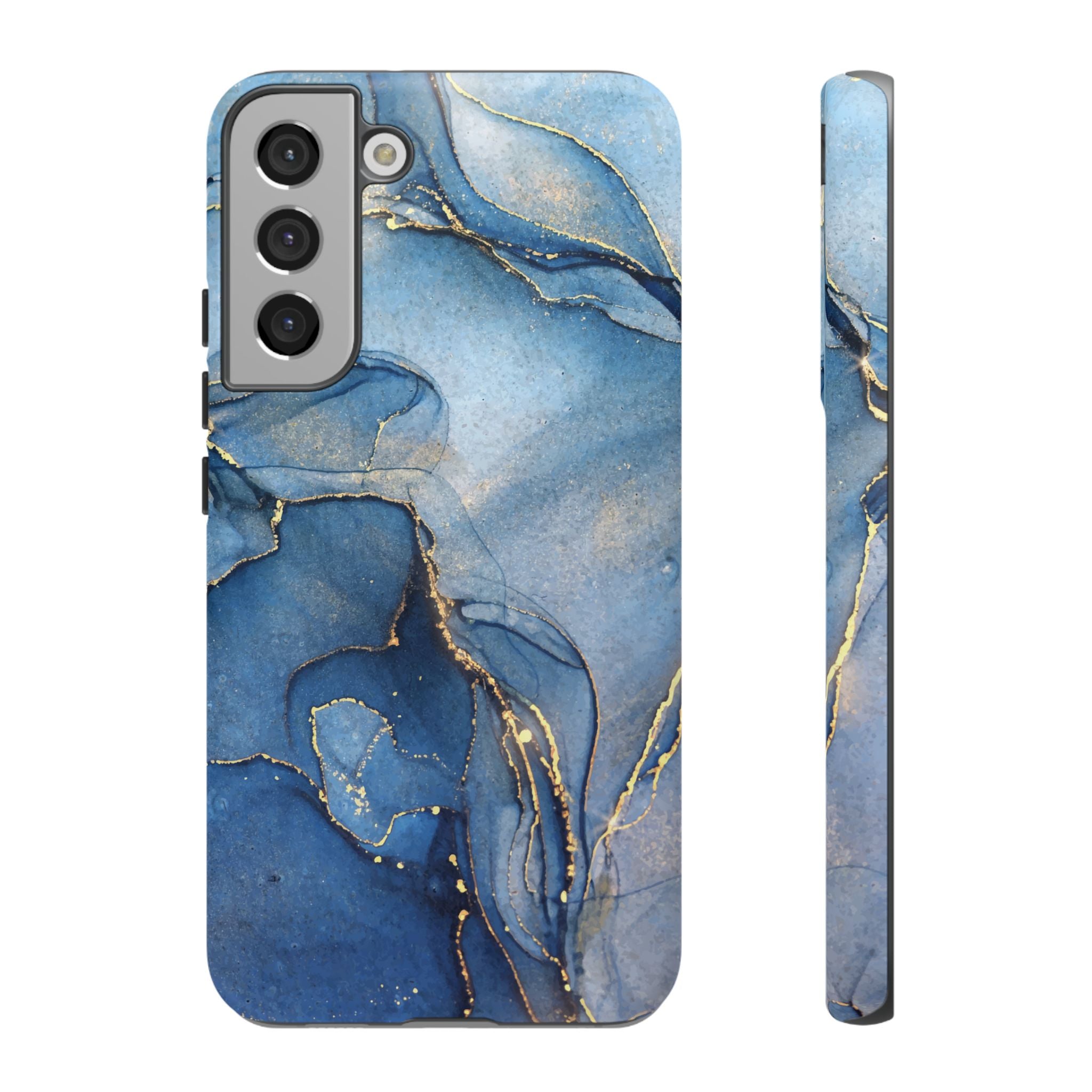 Coque de téléphone | Marbre bleu avec des stries dorées