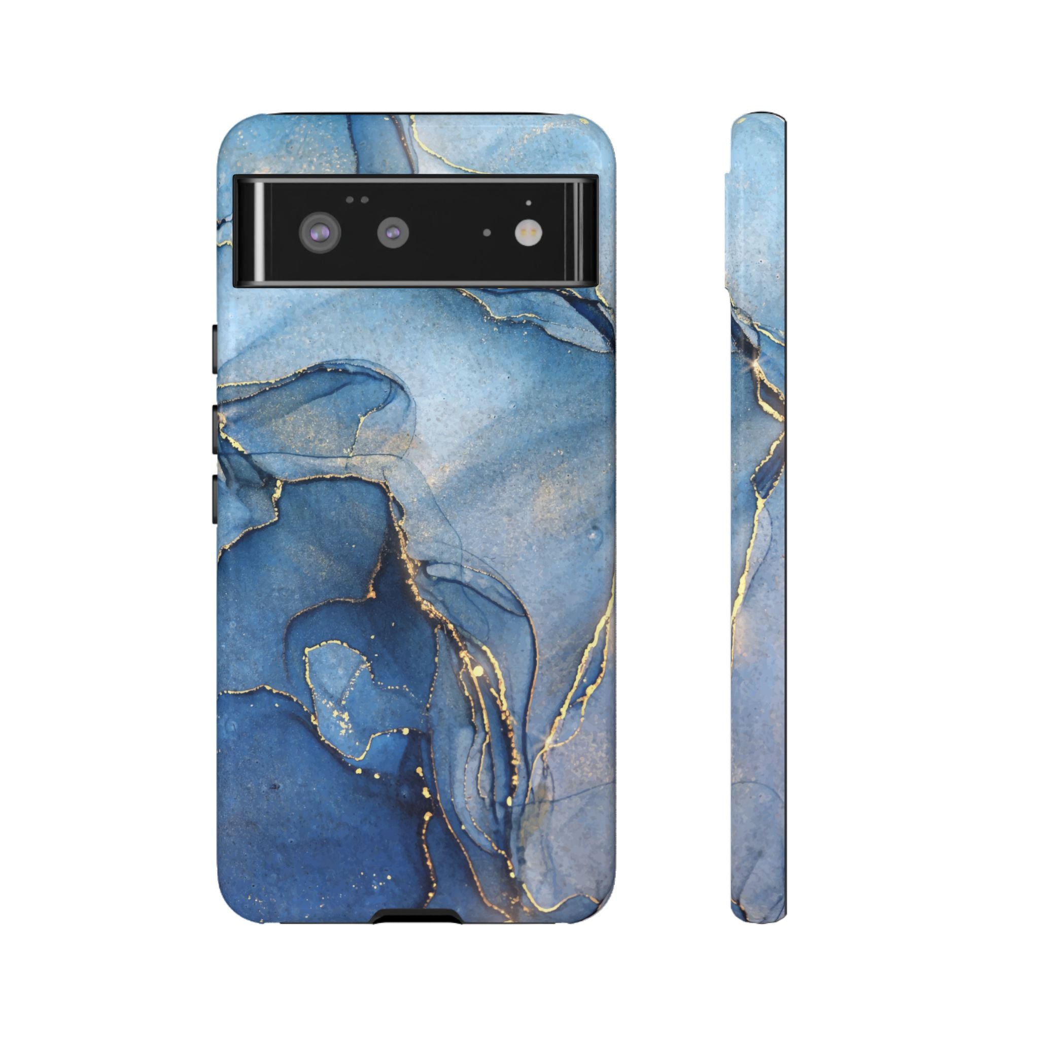 Coque de téléphone | Marbre bleu avec des stries dorées