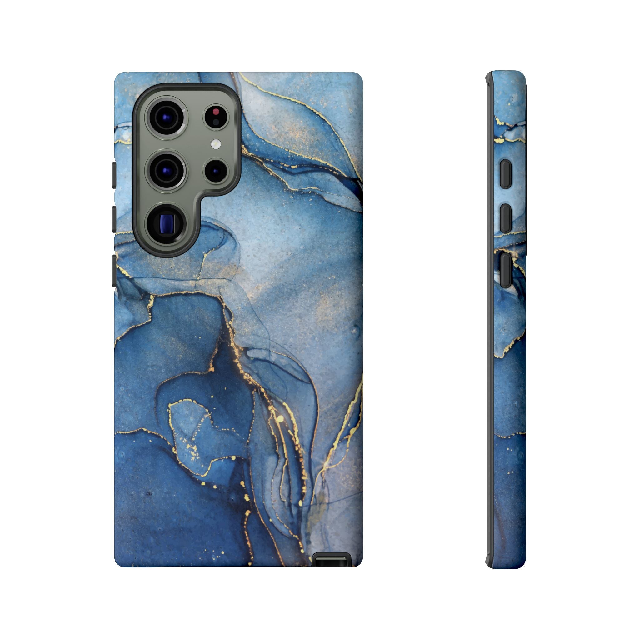 Coque de téléphone | Marbre bleu avec des stries dorées