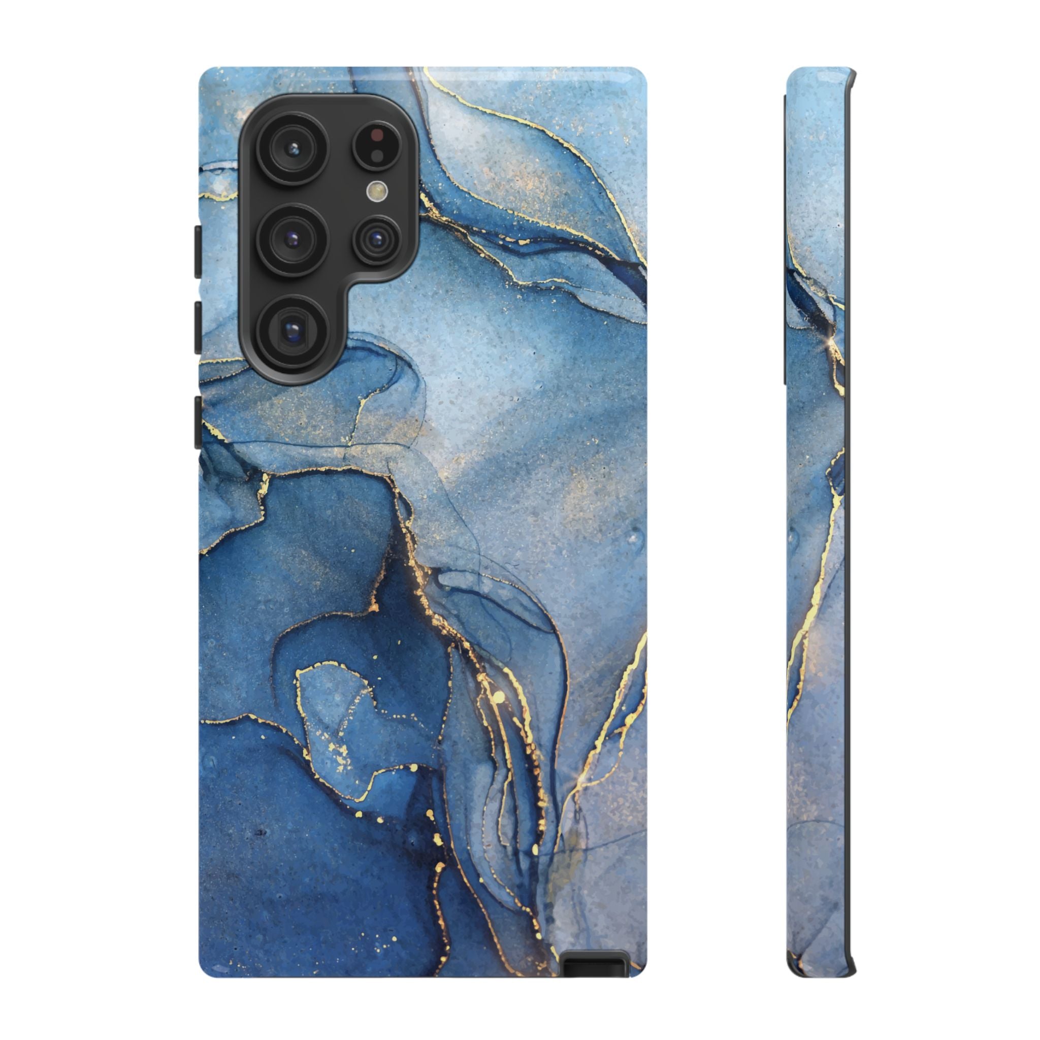 Coque de téléphone | Marbre bleu avec des stries dorées