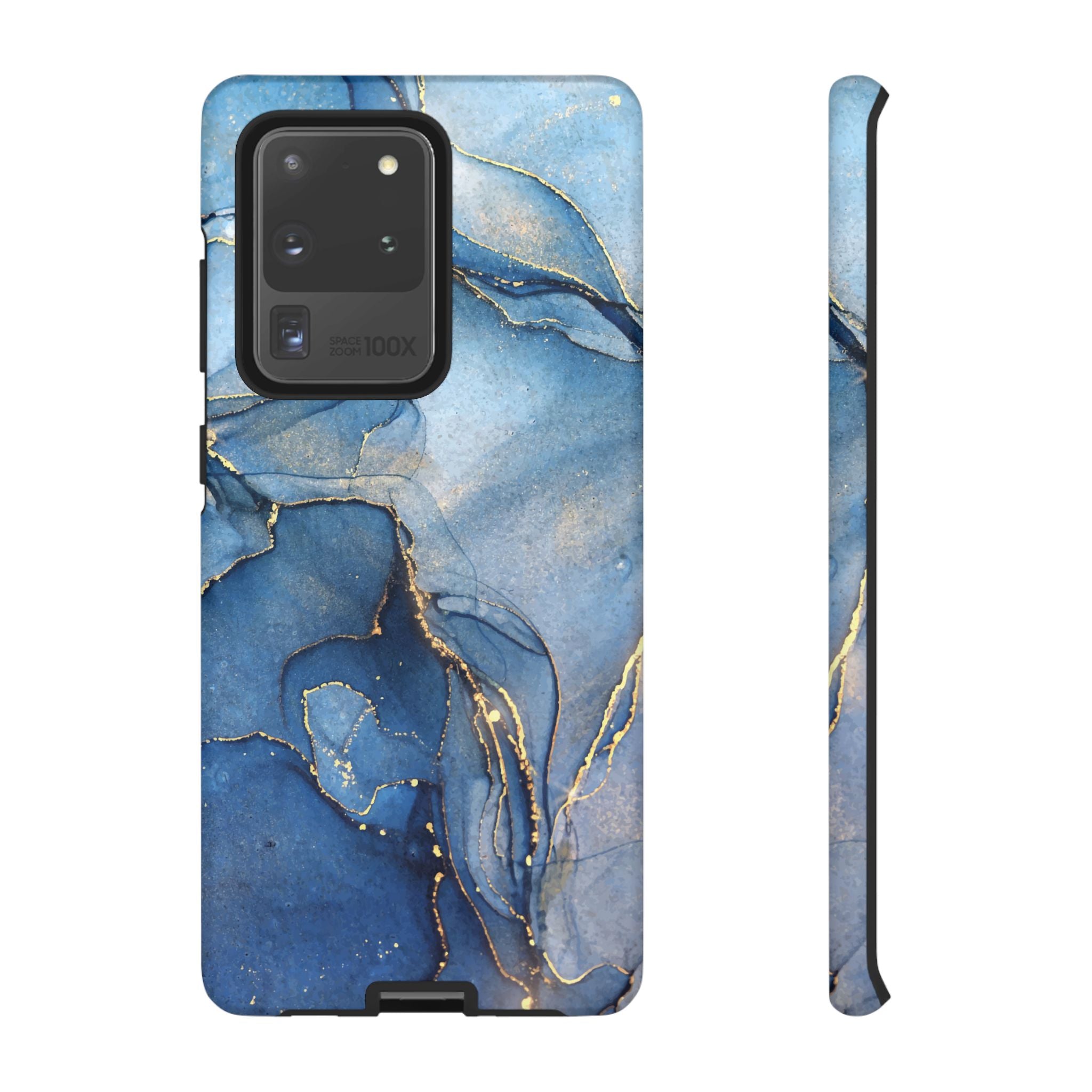 Coque de téléphone | Marbre bleu avec des stries dorées